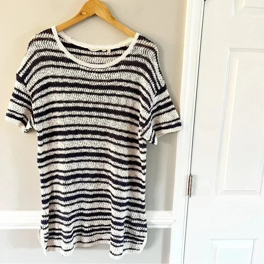 Soft Surroundings Striped Tunic Sweater Navy & White Short-Sleeve Size PXL